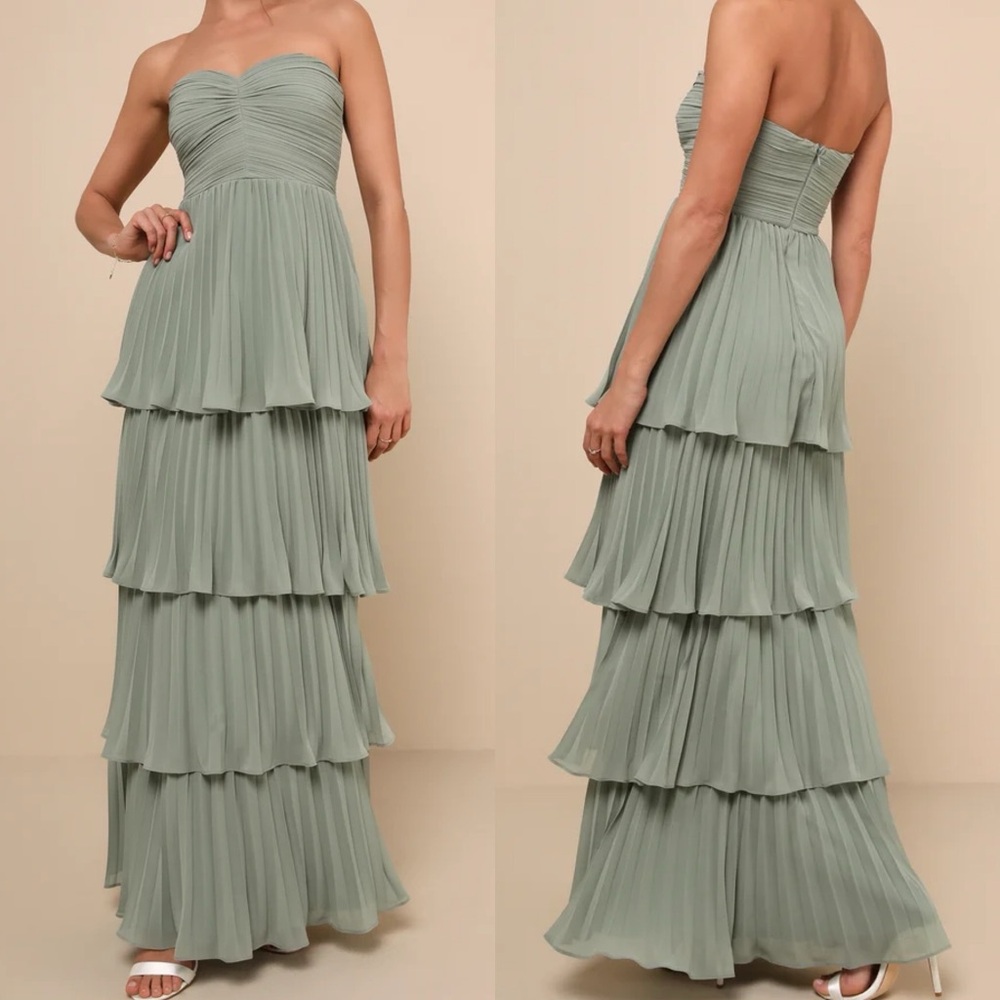 Seriously Sensational Sage Brush Strapless Tiered Maxi Dress